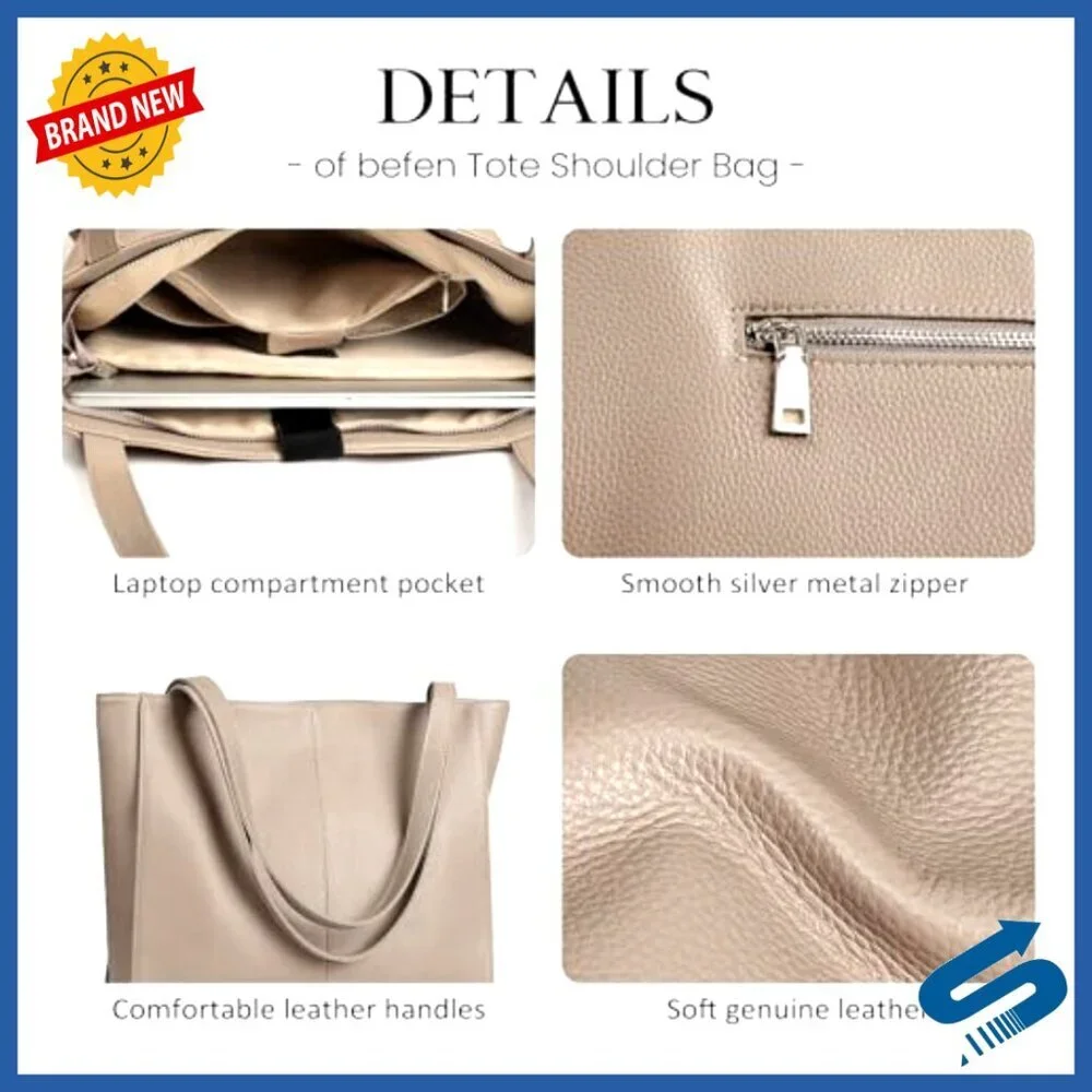 Genuine Leather Tote Bag with Laptop Compartment for Work & Travel